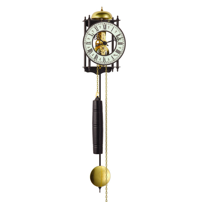 Black skeleton clock with brass mechanical movement and pendulum on white background