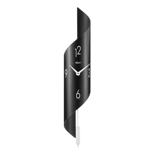 Black finish abstract clock with silver finish pendulum on white background.