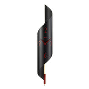 Black finish abstract clock with red finish pendulum on white background.