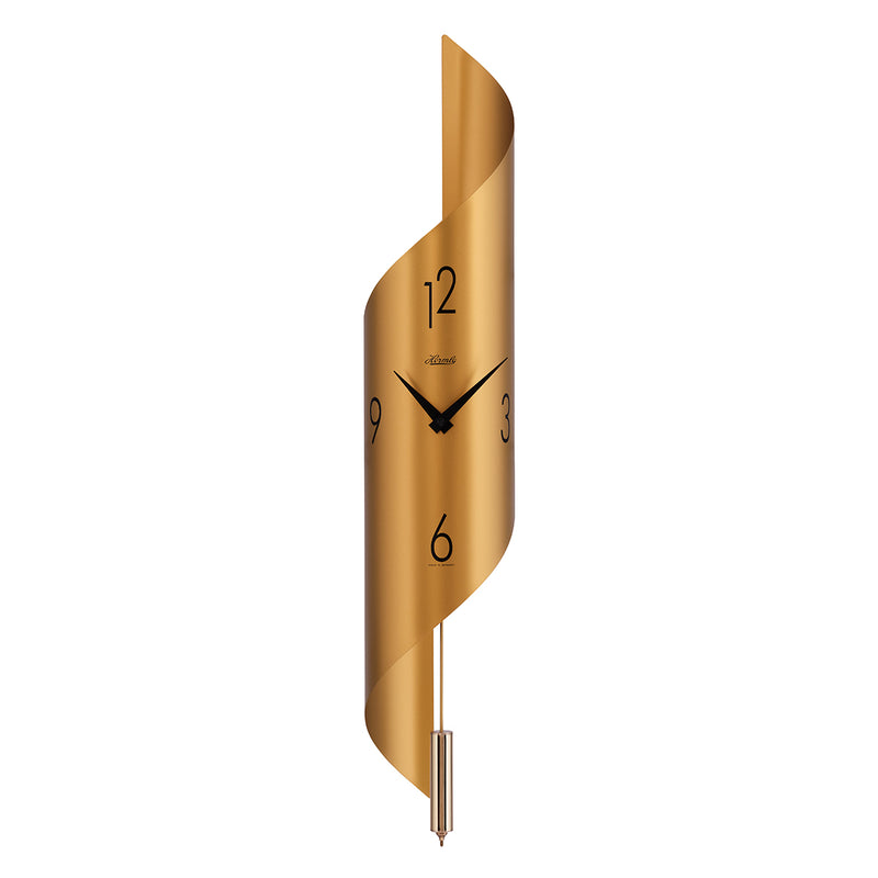 Gold finish abstract clock with brass finish pendulum on white background.