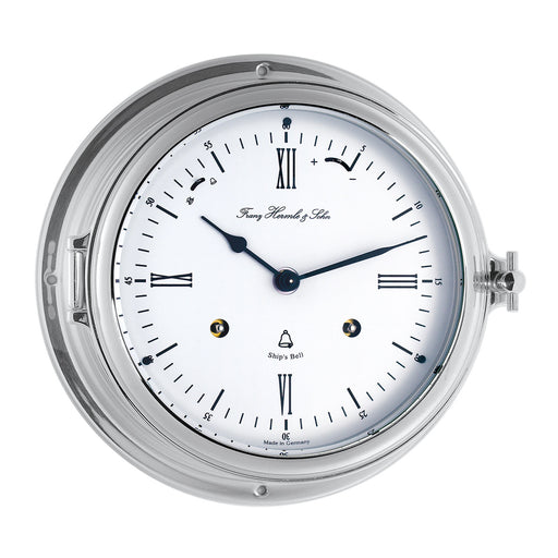 Silver finish ship's bell clock with roman numerals on white face and 'Made in Germany' text.