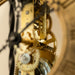 Close up of brass gears inside a skeleton clock.