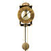 Skeleton clock with antique-style brass face and etched roman numerals on white background.