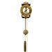 Skeleton clock with antique-style brass face and etched roman numerals on white background with brass chains and single weight hanging down.