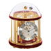 Red and brass Tellurium clock with glass dome and brass plated mechanical gears visible on white background.