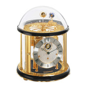 Brass plated Tellurium with sun and earth gears visible under glass dome and Black highlight rings circle the top and bottom.