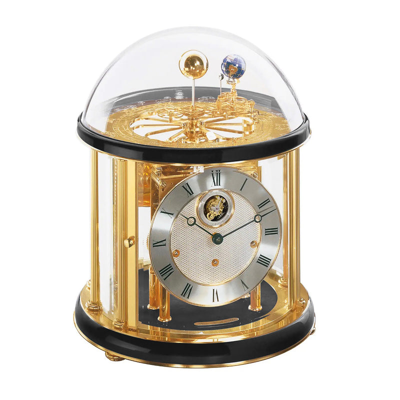 Brass plated Tellurium with sun and earth gears visible under glass dome and Black highlight rings circle the top and bottom.