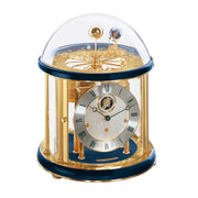 Brass plated Tellurium with sun and earth gears visible under glass dome and Blue highlight rings circle the top and bottom.