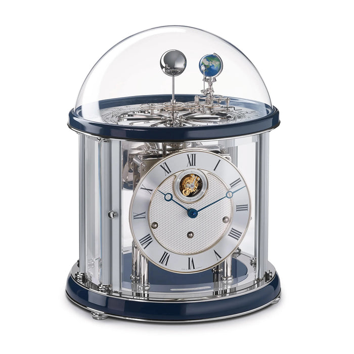 Nickel plated Tellurium with sun and earth gears visible under glass dome and Blue highlight rings circle the top and bottom.