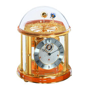 Brass plated Tellurium with sun and earth gears visible under glass dome and Cherry wood highlight rings circle the top and bottom.