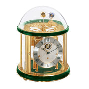 Brass plated Tellurium with sun and earth gears visible under glass dome and Green highlight rings circle the top and bottom.