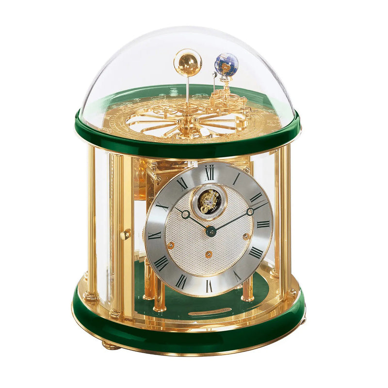 Brass plated Tellurium with sun and earth gears visible under glass dome and Green highlight rings circle the top and bottom.