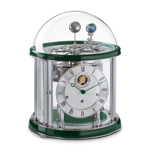 Nickel plated Tellurium with sun and earth gears visible under glass dome and Green highlight rings circle the top and bottom.