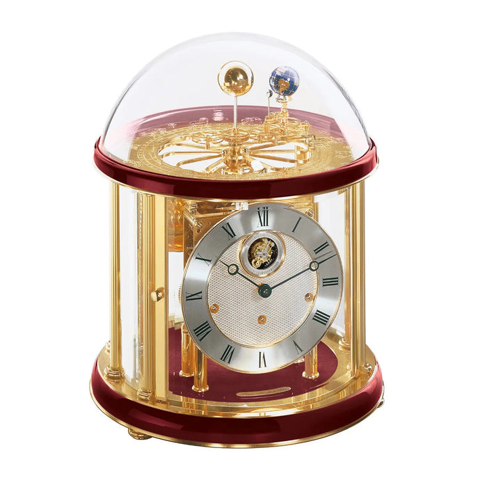 Brass plated Tellurium with sun and earth gears visible under glass dome and Red highlight rings circle the top and bottom.
