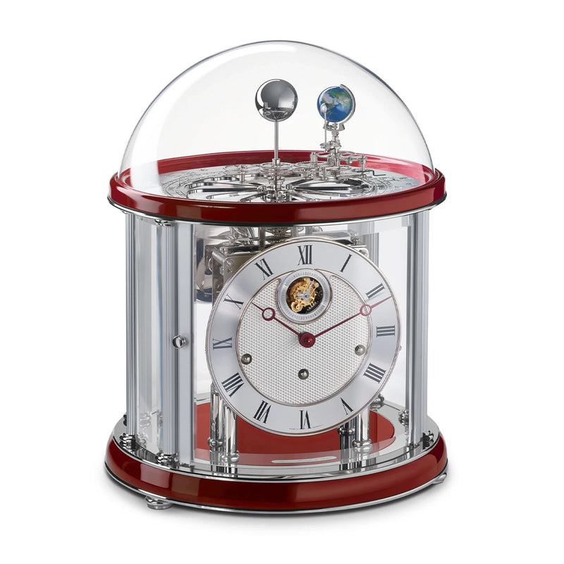 Nickel plated Tellurium with sun and earth gears visible under glass dome and Red highlight rings circle the top and bottom.