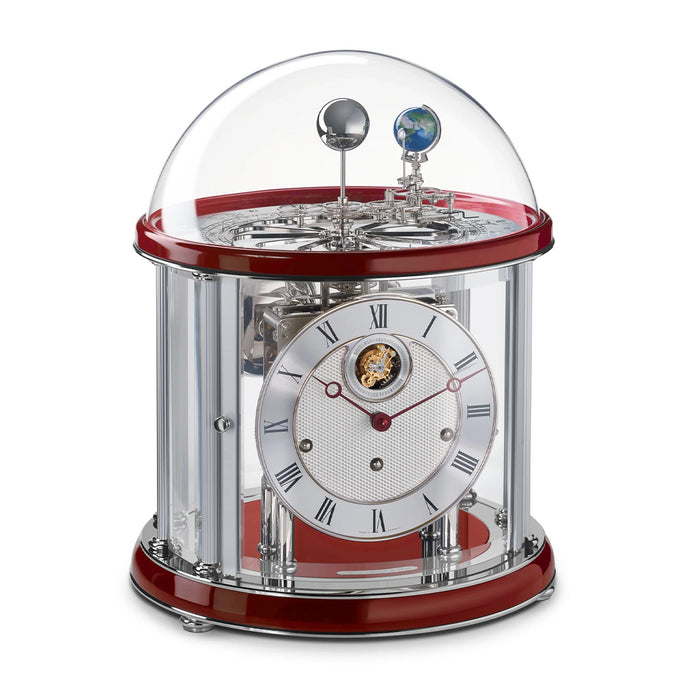 Nickel plated Tellurium with sun and earth gears visible under glass dome and Red highlight rings circle the top and bottom.