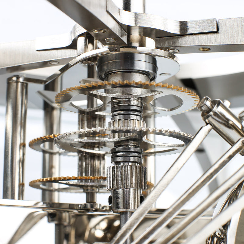 Close up of nickel plated gears inside Tellurium 