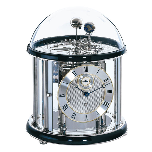 Black and silver Tellurium clock with glass dome and nickel plated mechanical gears visible on white background
