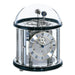 Black and silver Tellurium clock with glass dome and nickel plated mechanical gears visible on white background