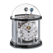 Nickel plated Tellurium with sun and earth gears visible under glass dome and Black highlight rings circle the top and bottom.