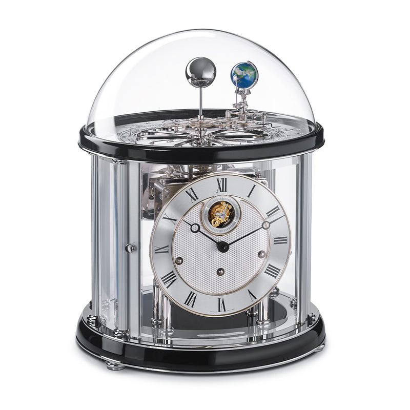 Nickel plated Tellurium with sun and earth gears visible under glass dome and Black highlight rings circle the top and bottom.