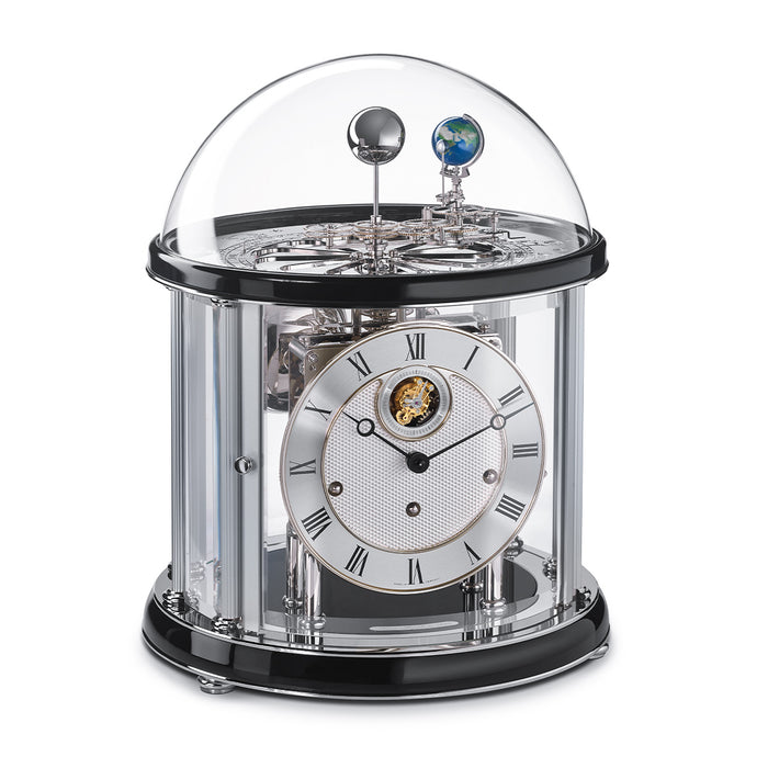 Nickel plated Tellurium with sun and earth gears visible under glass dome and Black highlight rings circle the top and bottom.