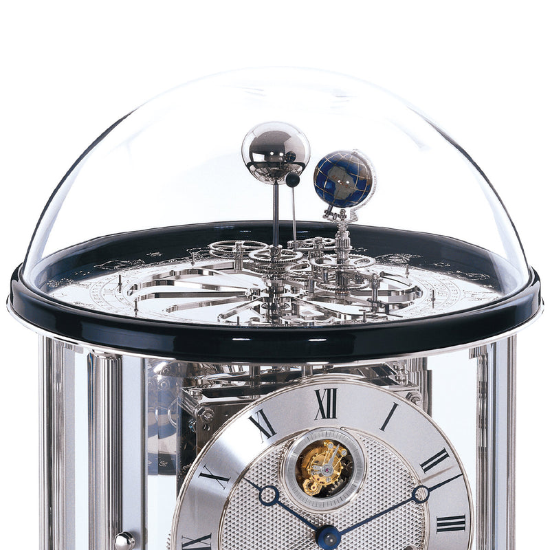 Glass Tellurium dome with nickel Sun and Earth globes mounted on intricate gears. 