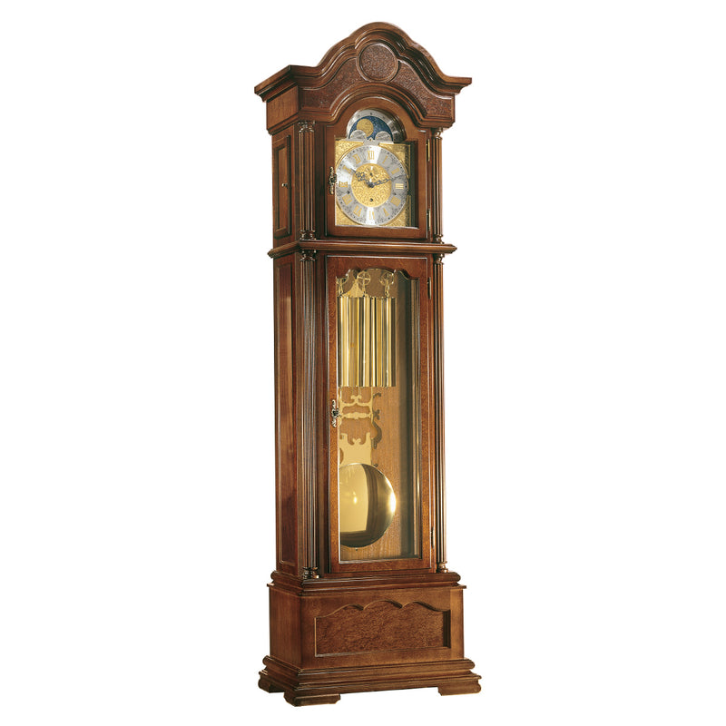 Detailed wooden grandfather clock with brass clock face and pendulum on a white background