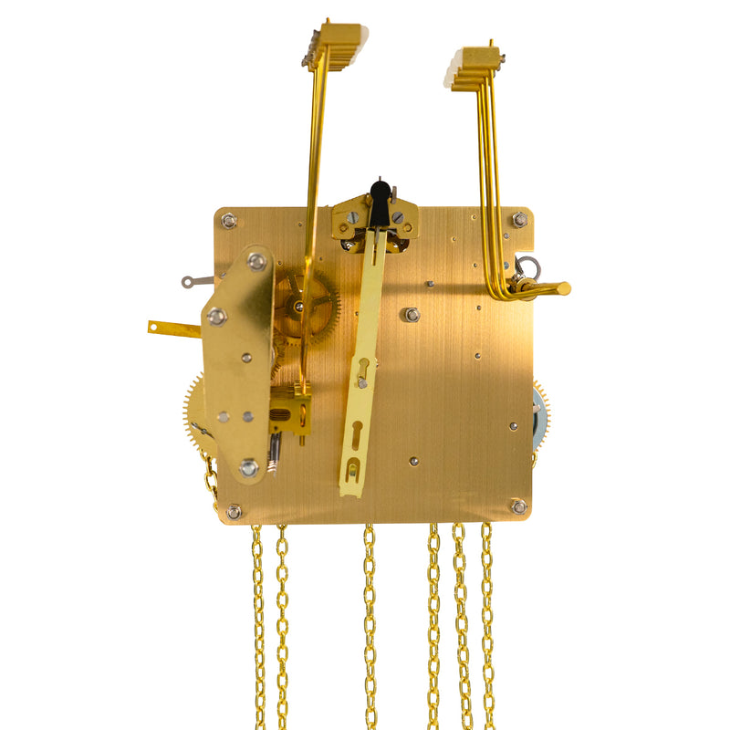 Brass clock movement with visible gears, hanging chains and hammers with 'Germany' stamped into the metal.