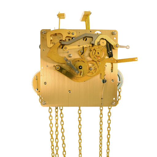 Brass clock movement with visible gears and hanging chains.
