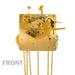 Brass clock movement with visible gears, hanging chains with 'Front' title.
