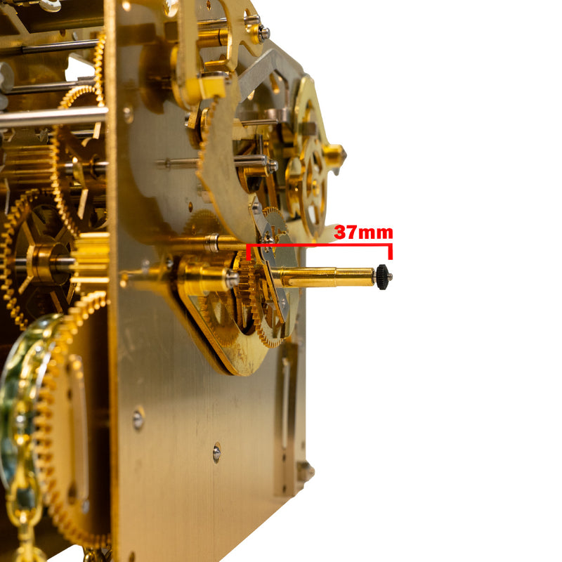 Close-up of a gold clock movement with a measurement label indicating post length of 37mm.