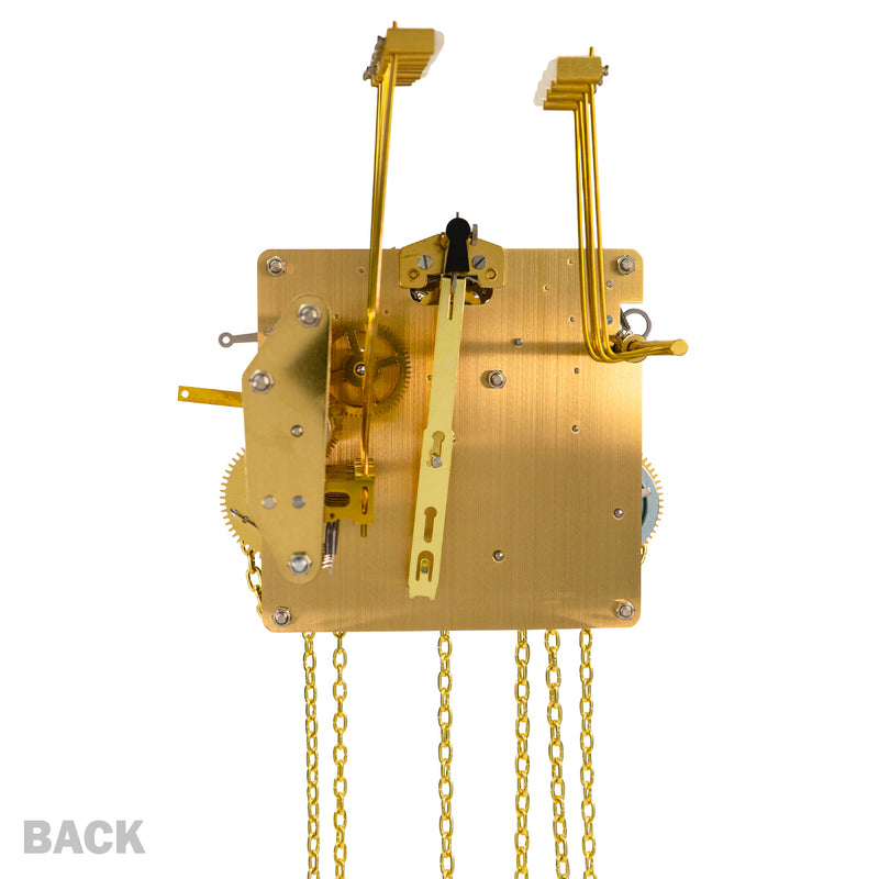 Brass clock movement with hanging chains and hammers with 'Back' title.