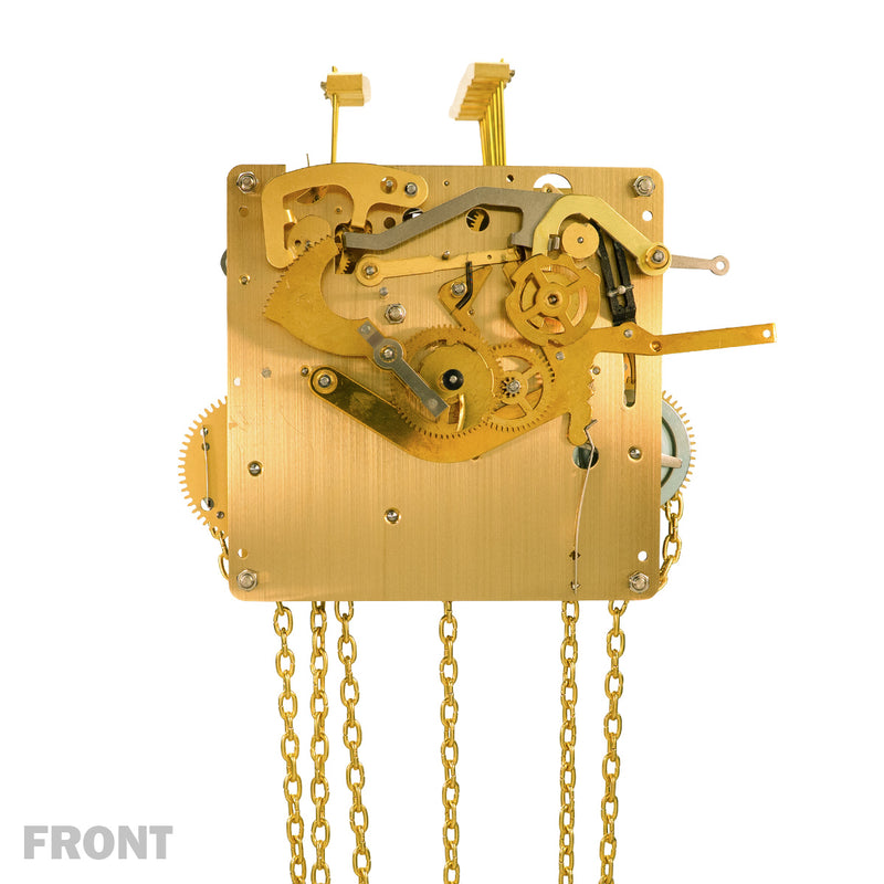 Brass clock movement with visible gears, hanging chains with 'Front' title.