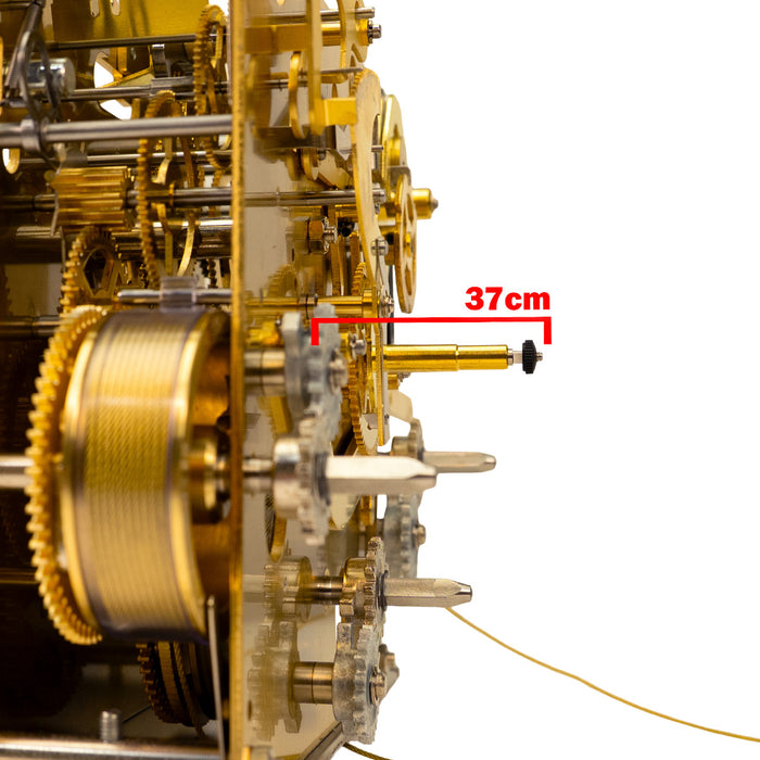 Close up of clock movement front post measurement and text saying '37cm' on white background.