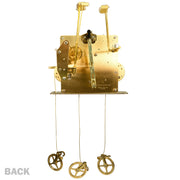 Back of a brass clock movement with number markings and hammers on white background with 'Back' text.