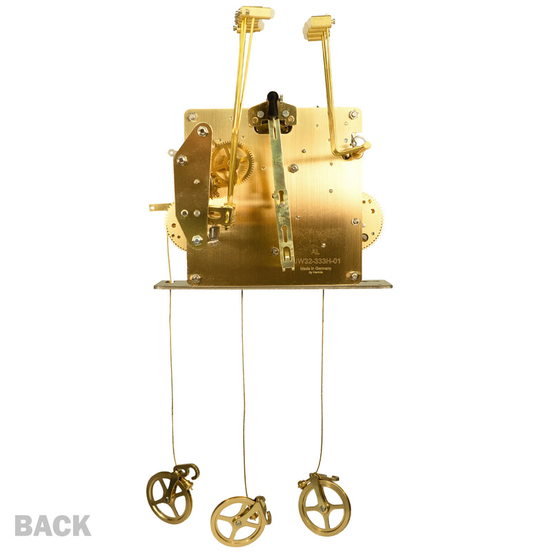 Back of a brass clock movement with number markings and hammers on white background with 'Back' text.