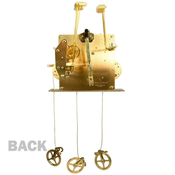 Back of a brass clock movement with number markings and hammers on white background with 'Back' text.