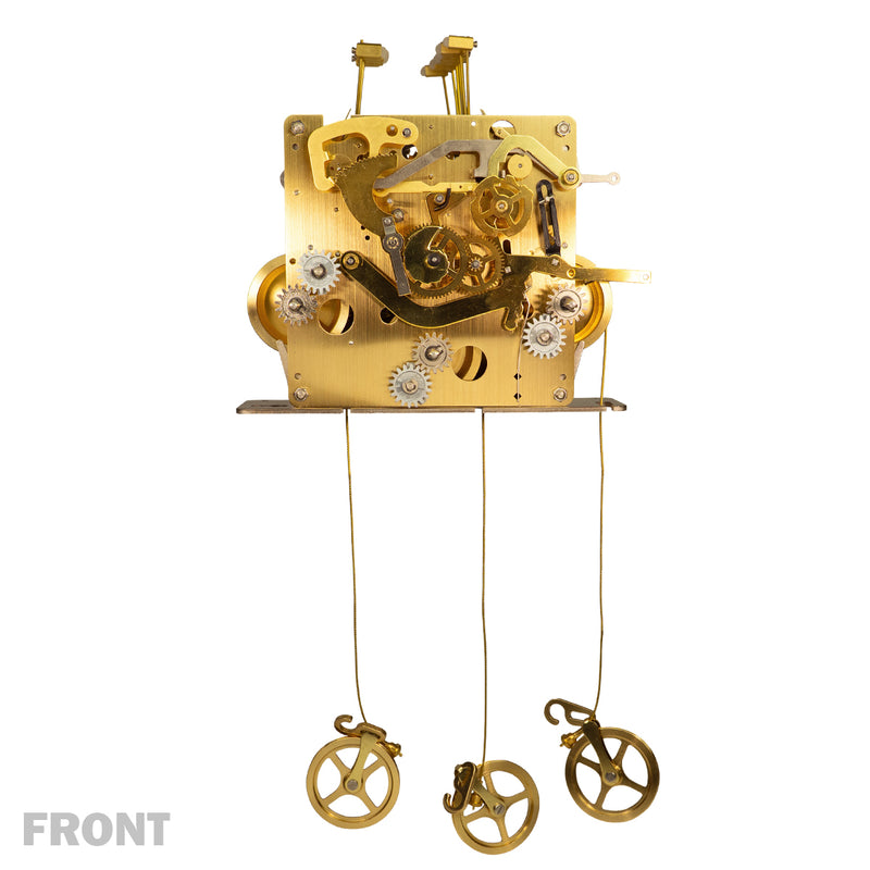 Front of a brass clock movement with gears and hanging wires on white background with 'Front' text.