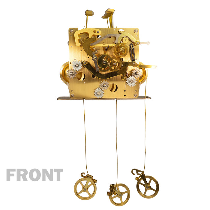 Front of a brass clock movement with gears and hanging wires on white background with 'Front' text.