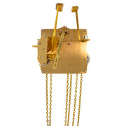 Brass UW32334 clock movement back with visible gears, hammers and hanging chains on white background.