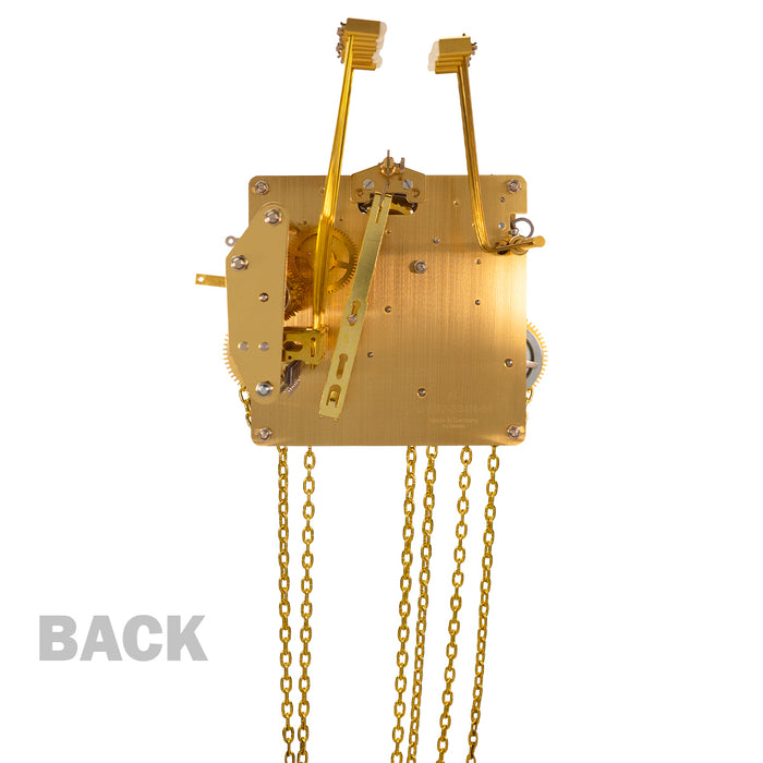 Brass UW32334 clock movement back with visible gears, hammers and hanging chains on white background with text saying 'Back'.