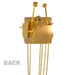 Brass UW32334 clock movement back with visible gears, hammers and hanging chains on white background with text saying 'Back'.