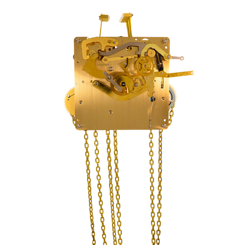 Brass UW32334 clock movement front with visible gears and hanging chains on white background.