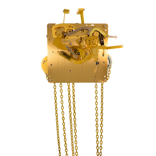 Brass UW32334 clock movement front with visible gears and hanging chains on white background.