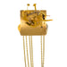 Brass UW32334 clock movement front with visible gears and hanging chains on white background.
