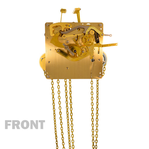 Brass UW32334 clock movement front with visible gears and hanging chains on white background with text saying 'Front'.