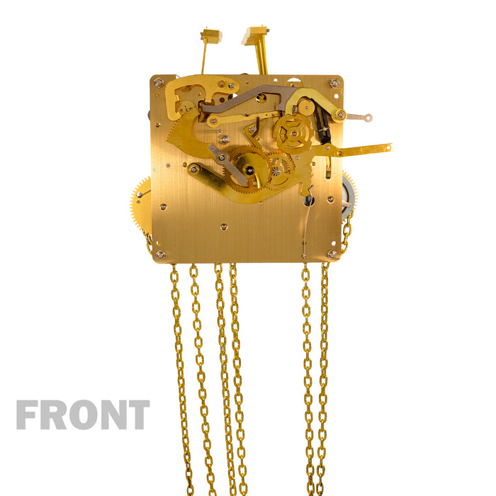 Brass UW32334 clock movement front with visible gears and hanging chains on white background with text saying 'Front'.