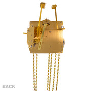 Brass UW32334 clock movement back with visible gears, hammers and hanging chains on white background with text saying 'Back'.