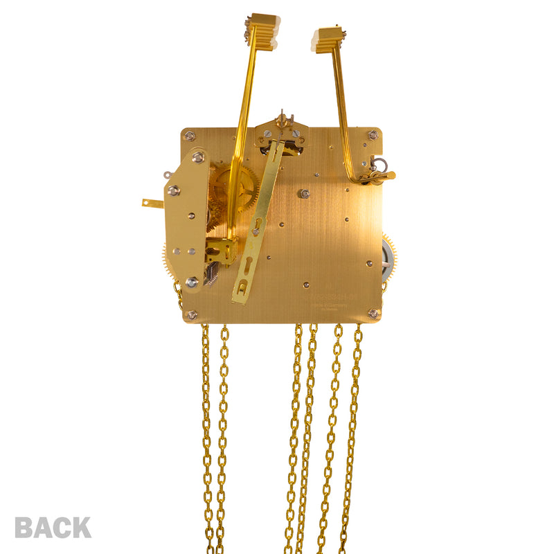 Brass UW32334 clock movement back with visible gears, hammers and hanging chains on white background with text saying 'Back'.